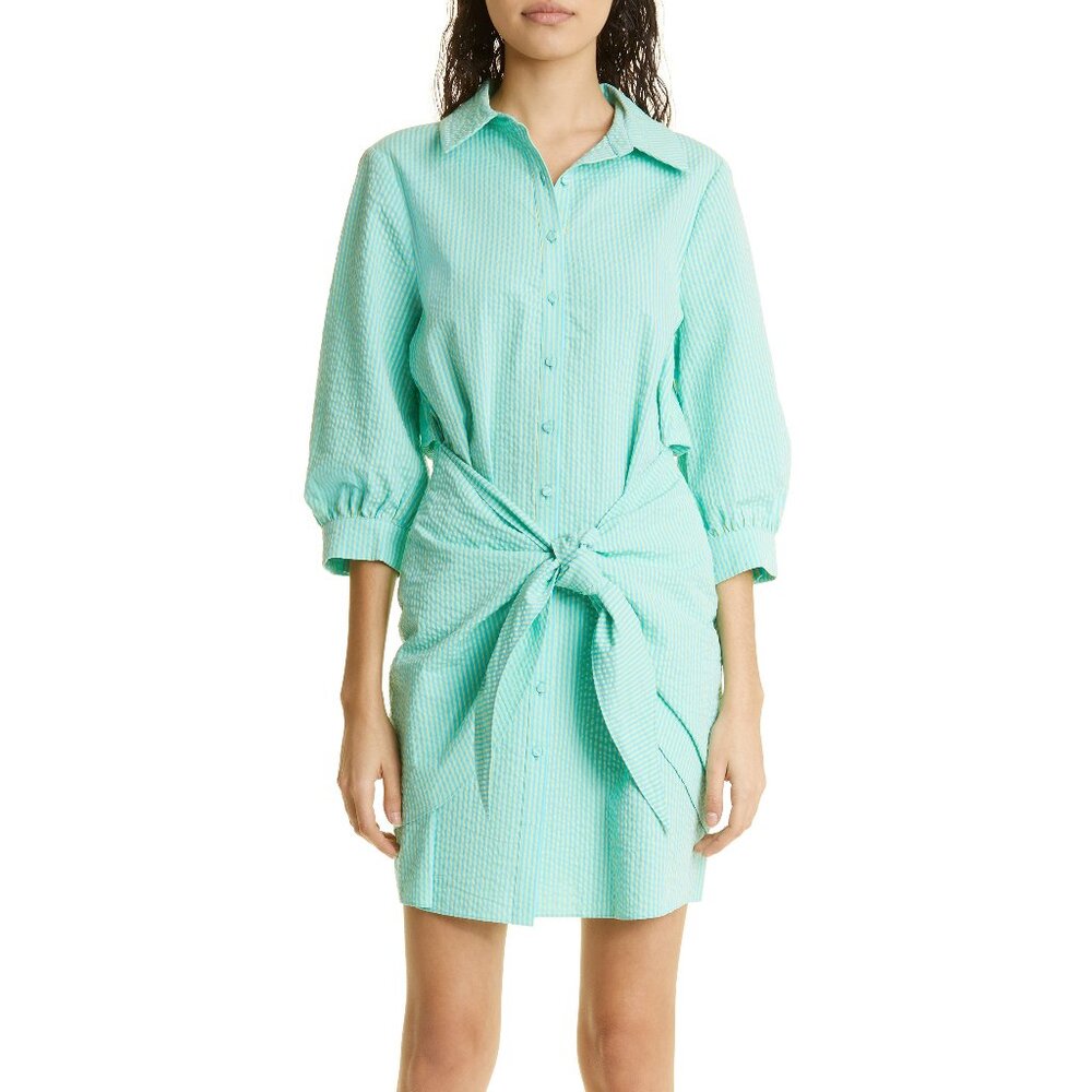 Cinq à Sept Seersucker Cotton Striped Gaby Women's Dress Cyan/Lima Bean NWT 4